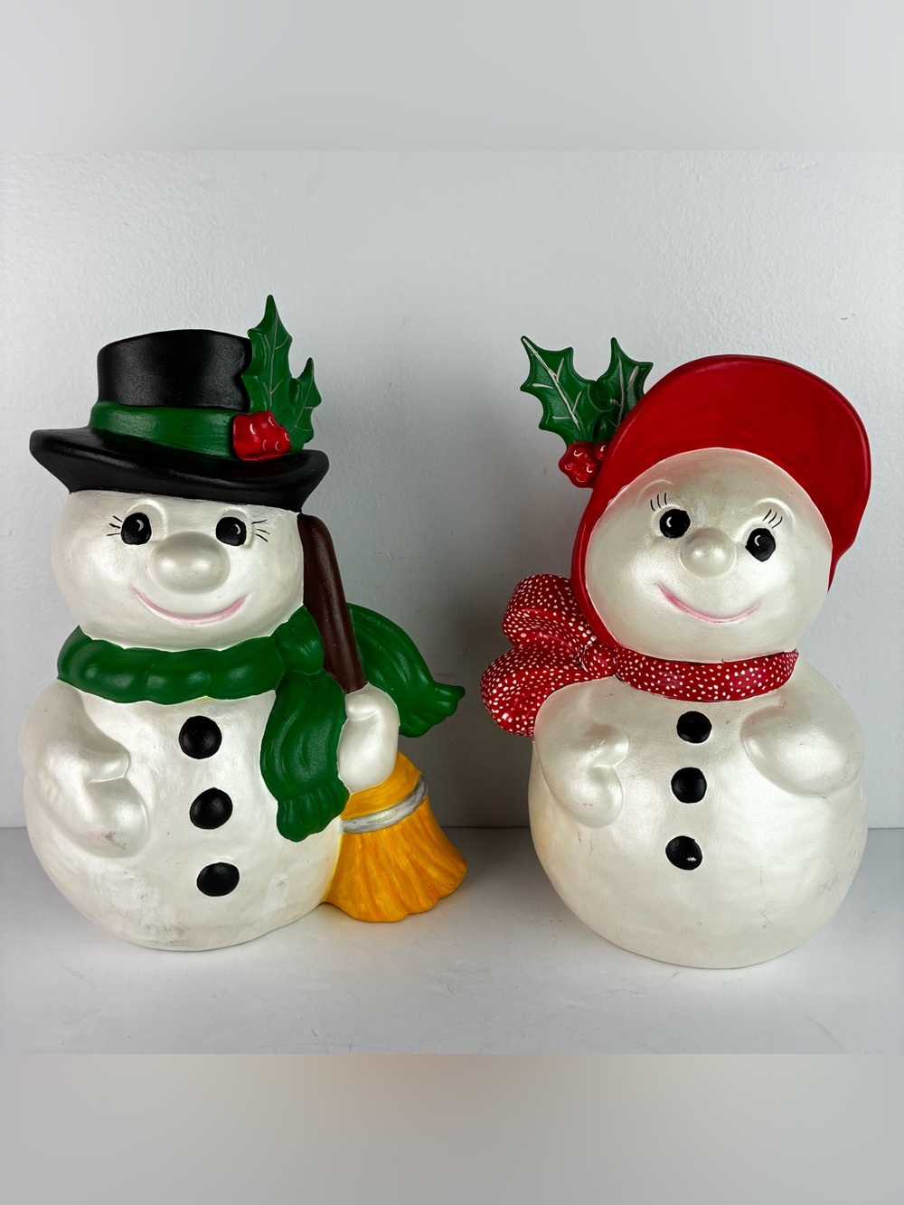 Hand-Painted Christmas Vintage 1980’s Plaster Cast Ceramic Snowman & Snow Lady